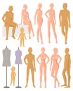 Mannequin dummy model for fashion dress and plastic figure of doll illustration set of female male and kids manikins