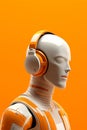 mannequin in headphones on orange background