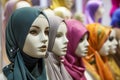 mannequin heads displaying different hijab wraps