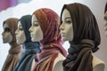 mannequin heads displaying different hijab wraps