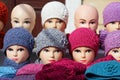 Mannequin heads with knitted winter caps Royalty Free Stock Photo