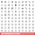 100 mannequin icons set, outline style