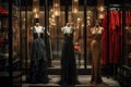 a mannequin next to a rack of evening dresses in a luxury store