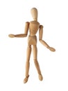Mannequin old wooden dummy surprise or suspect acting isolated Royalty Free Stock Photo