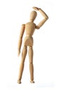 Mannequin old wooden dummy wining and look up acting isolated Royalty Free Stock Photo