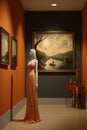 A mannequin in an orange dress stands in front of a painting. AI.