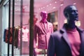 A mannequin in a pink clothes stands in the window of a clothing store. Men& x27;s suit and shirt. Generative Ai Royalty Free Stock Photo