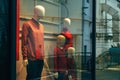 Mannequin with red percentage discount t-shirt in clothing store shopwindow, handheld footage