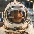 Mannequin of soviet cosmonaut or astronaut or spaceman suit and helmet, close up