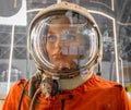 Mannequin of soviet cosmonaut or astronaut or spaceman suit and helmet, close up