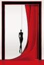 a mannequin is standing in front of a red curtain