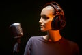 Mannequin with studio retro condenser microphone and professional headphones