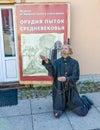 The mannequin of the tortured by the Museum of the medieval torture instruments. Royalty Free Stock Photo