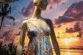 mannequin in vneck summer dress, sunset beach backdrop Royalty Free Stock Photo