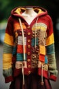 A mannequin wearing a multicolored knotted cardigan, AI