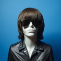 Androgynous Mannequin With Circular Sunglasses On Blue Background