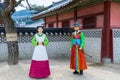 Mannequins dressing traditional clothes and working in the Hwaseong Haenggung Palace located in Suwon, South Korea, where king