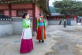 Mannequins dressing traditional clothes and working in the Hwaseong Haenggung Palace located in Suwon, South Korea, where king