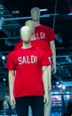 Mannequins in stores that wear in a beautiful shirt with the word sales.