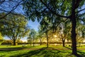 Mannheim, Germany. April 21th, 2015. The park along the Rhine river, where people stretch out to relax or exercise