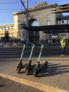 Mannheim, Germany, August 19th 2019, Three e-rollers parked in front of the main train station.