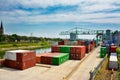 Big industrial container terminal and crates at inland port at Neckar river called `Salzkai` in Mannheim