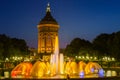 Mannheim, Germany. June 16th 2013. View on Friedrichsplatz and Woter Tower Wasserturm with water and lights games