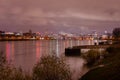 Mannheim, Germany. November 21th, 2013. Night view from the banks of the Rhine river, Ludwigshafen on the left and Mannheim on the