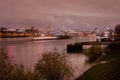 Mannheim, Germany. November 21th, 2013. Night view from the banks of the Rhine river, Ludwigshafen on the left and Mannheim on the