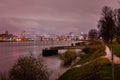 Mannheim, Germany. November 21th, 2013. Night view from the banks of the Rhine river, Ludwigshafen on the left and Mannheim on the