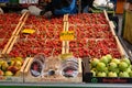 MANNHEIM, GERMANY, 05/11/2019: stall of fruit and vegetables with baskets of red strawberries