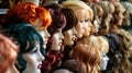 Mannikin heads in a wig store. Different wigs on mennequins Royalty Free Stock Photo