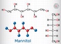 Mannitol, sugar alcohol, a sorbitol isomer molecule. It is used as a sweetener and medication. Structural chemical formula and