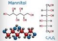 Mannitol, sugar alcohol, a sorbitol isomer molecule. It is used as a sweetener and medication. Structural chemical formula and