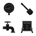 Manometer, Sapper shovel and other web icon in black style. crane, plate third round icons in set collection.