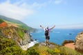 Manon hiking trip enjoying beautiful summer mountains, coastal landscape, Royalty Free Stock Photo