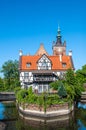 Manor of the Guild of Millers by the Radunia river in Gdansk at daylight. Poland Europe. Half-timbered building built on the north