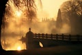 Manor houses by the lakeside in the morning sun and mist. Royalty Free Stock Photo