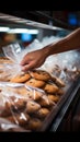 Mans close up action securing cookies inside a plastic bag during grocery shopping