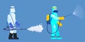 Mans edical scientists in chemical protection suit disinfects spray to cleaning and disinfect virus Covid-19