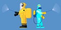 Mans edical scientists in chemical protection suit disinfects spray to cleaning and disinfect virus Covid-19