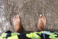 Mans feet .Standing on beach barefoot. Covered with water Royalty Free Stock Photo