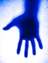 Blue shadow hand of the Man behind frosted glass. Royalty Free Stock Photo