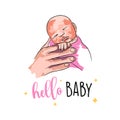 Mans hand holding a newborn, postcard with pastel strokes, hello baby, in doodle style Royalty Free Stock Photo