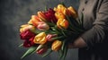 A mans hand holds a beautiful bouquet of tulips agains. Generative AI.