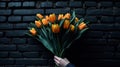 A mans hand holds a beautiful bouquet of tulips agains. Generative AI.