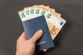 Mans hand holds blue-covered passport and euro cash. Money to travel in Europe. Concept of bribery