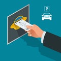 Mans hand with Parking tickets. Isometric Flat illustration vector icon for web. Urban transport. Parking space Royalty Free Stock Photo