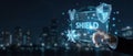 Mans hand touching digital shield interface with SHIELD text, cybersecurity concept, abstract technology background with city Royalty Free Stock Photo