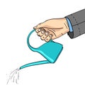 A mans hand watered with a watering can. A jacket, part of a man, a background point. Object on white background raster